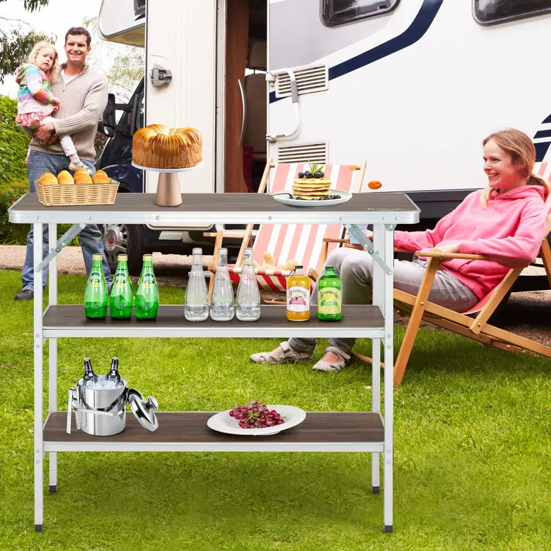 Goplus Klappbarer Campingtisch, aluminiumner tragbarer Pop-up-Bar-Tisch mit zweistufigen Ablagen 2