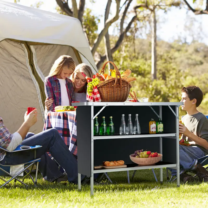 Goplus Klappbarer Campingtisch, aluminiumner tragbarer Pop-up-Bar-Tisch mit zweistufigen Ablagen