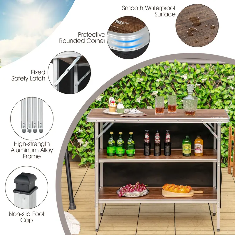 Goplus Klappbarer Campingtisch, aluminiumner tragbarer Pop-up-Bar-Tisch mit zweistufigen Ablagen