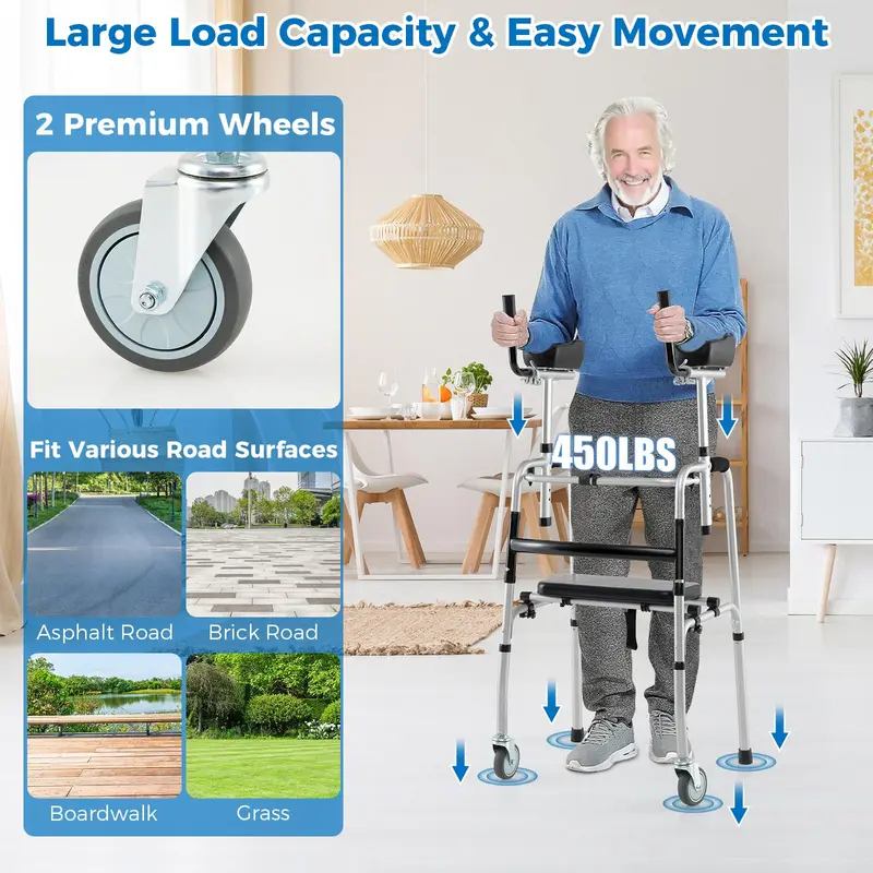 Goplus Klappbarer Gehwagen – Tragfähigkeit bis 450 lbs, mit 12,7-cm-Rädern, Sitzfläche und abnehmbaren Armlehnen