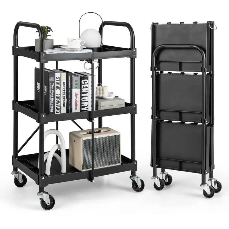 Goplus Klappbarer Multifunktionswagen, 3-Ebenen-Rollwagen mit universellen Rollen, Tragkraft bis 150 kg, Schwarz