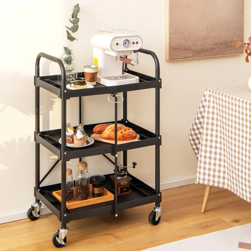 Goplus Klappbarer Multifunktionswagen, 3-Ebenen-Rollwagen mit universellen Rollen, Tragkraft bis 150 kg, Schwarz