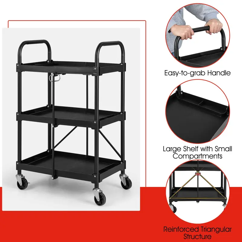 Goplus Klappbarer Multifunktionswagen, 3-Ebenen-Rollwagen mit universellen Rollen, Tragkraft bis 150 kg, Schwarz