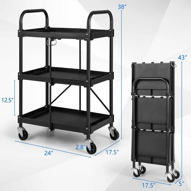Goplus Klappbarer Multifunktionswagen, 3-Ebenen-Rollwagen mit universellen Rollen, Tragkraft bis 150 kg, Schwarz
