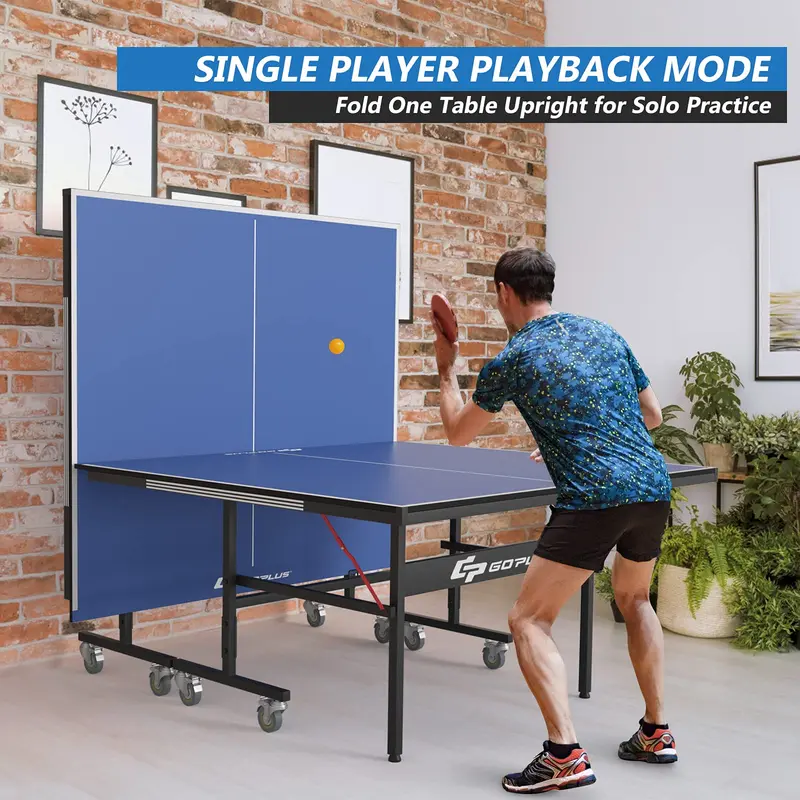 GoPlus Klappbarer Tischtennistisch, 2,74 m × 1,52 m professioneller Ping-Pong-Tisch mit Schnellspann-Netz und -Ständer sowie Transportrollen 2