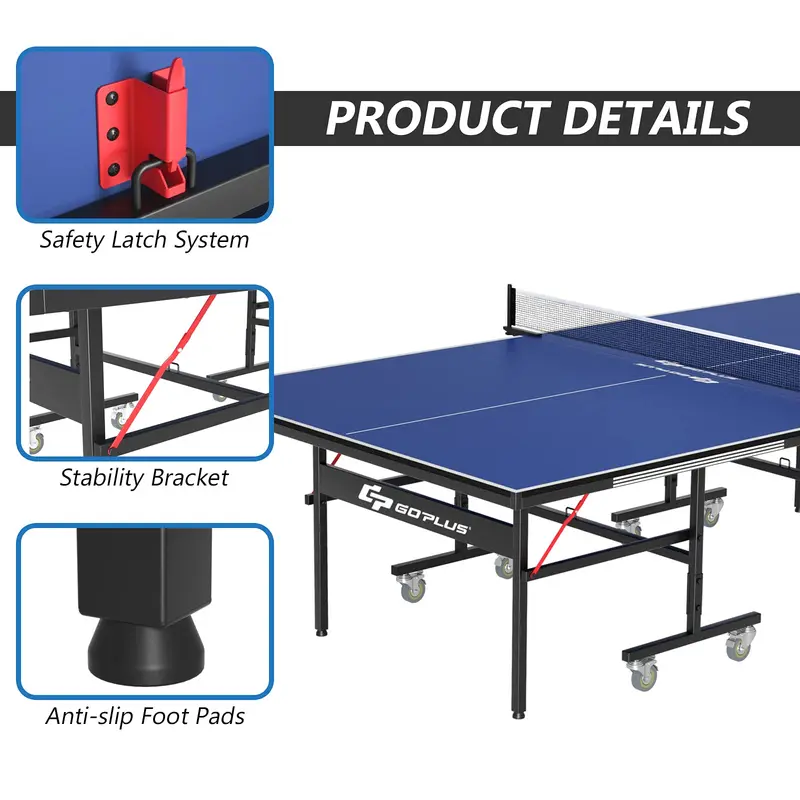 GoPlus Klappbarer Tischtennistisch, 2,74 m × 1,52 m professioneller Ping-Pong-Tisch mit Schnellspann-Netz und -Ständer sowie Transportrollen