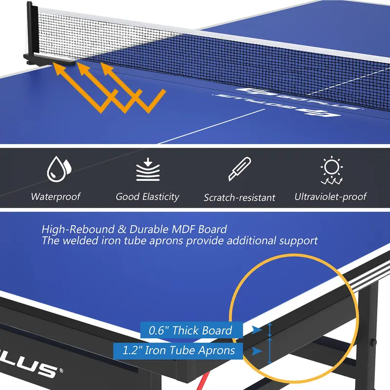GoPlus Klappbarer Tischtennistisch, 2,74 m × 1,52 m professioneller Ping-Pong-Tisch mit Schnellspann-Netz und -Ständer sowie Transportrollen