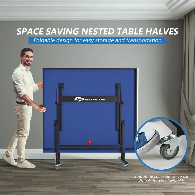 GoPlus Klappbarer Tischtennistisch, 2,74 m × 1,52 m professioneller Ping-Pong-Tisch mit Schnellspann-Netz und -Ständer sowie Transportrollen