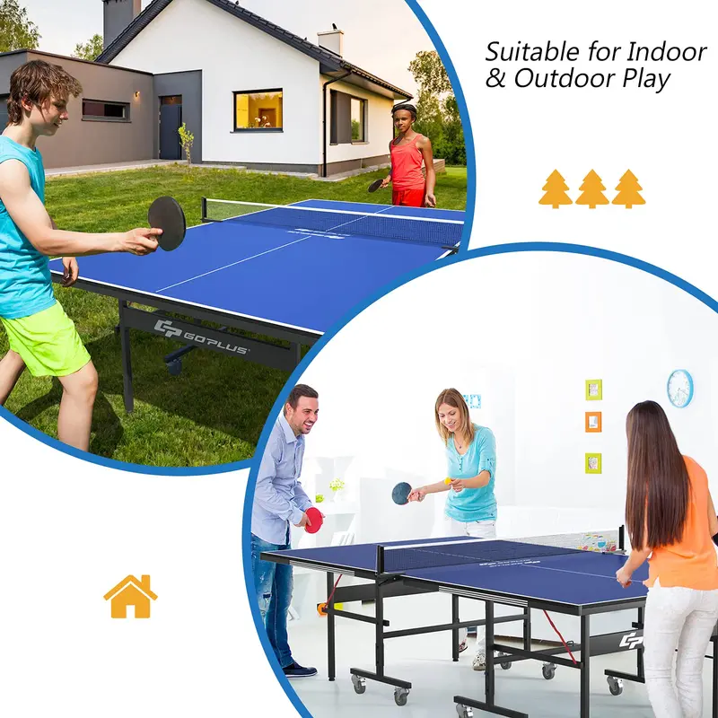 GoPlus Klappbarer Tischtennistisch, 2,74 m × 1,52 m professioneller Ping-Pong-Tisch mit Schnellspann-Netz und -Ständer sowie Transportrollen