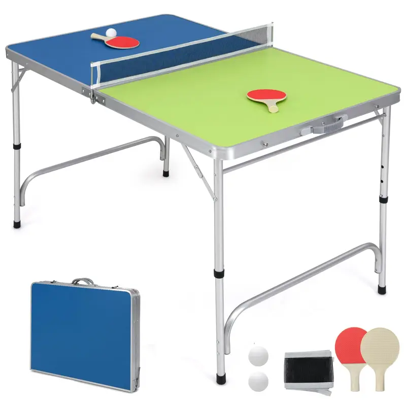 Goplus Klappbarer Tischtennistisch, zu 100 % vormontiert, inkl. Netz und 2 Schlägern (blau & grün – 120 cm)