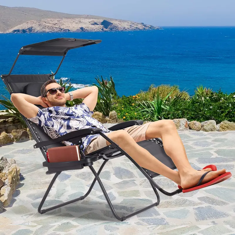 Goplus Klappbarer Zero-Gravity-Liegestuhl mit breiter Sitzfläche für Außenbereiche – Strand, Terrasse, Pool – inkl. Sonnenschutzdach 2