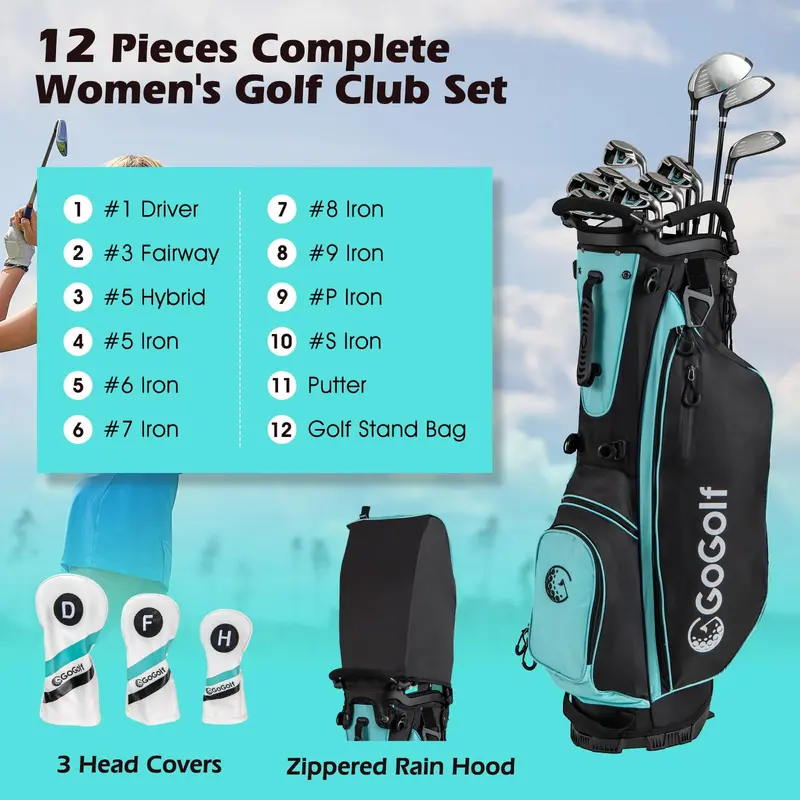 GoPlus Komplett-Golfclub-Set für Damen | 12-teiliges Rechtshänder-Golfset für Frauen