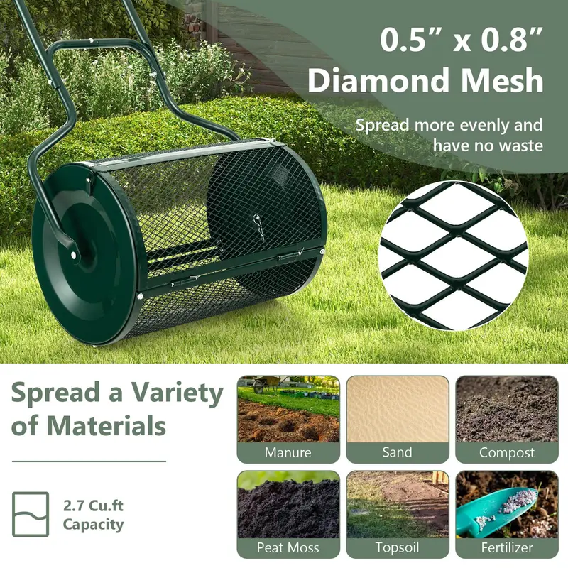 Goplus Kompoststreuer für Rasen, 60 cm (24 Zoll), leichter Metallgitter-Rasenroller mit doppelseitigen Verriegelungen für Top-Dressing und Aussaat