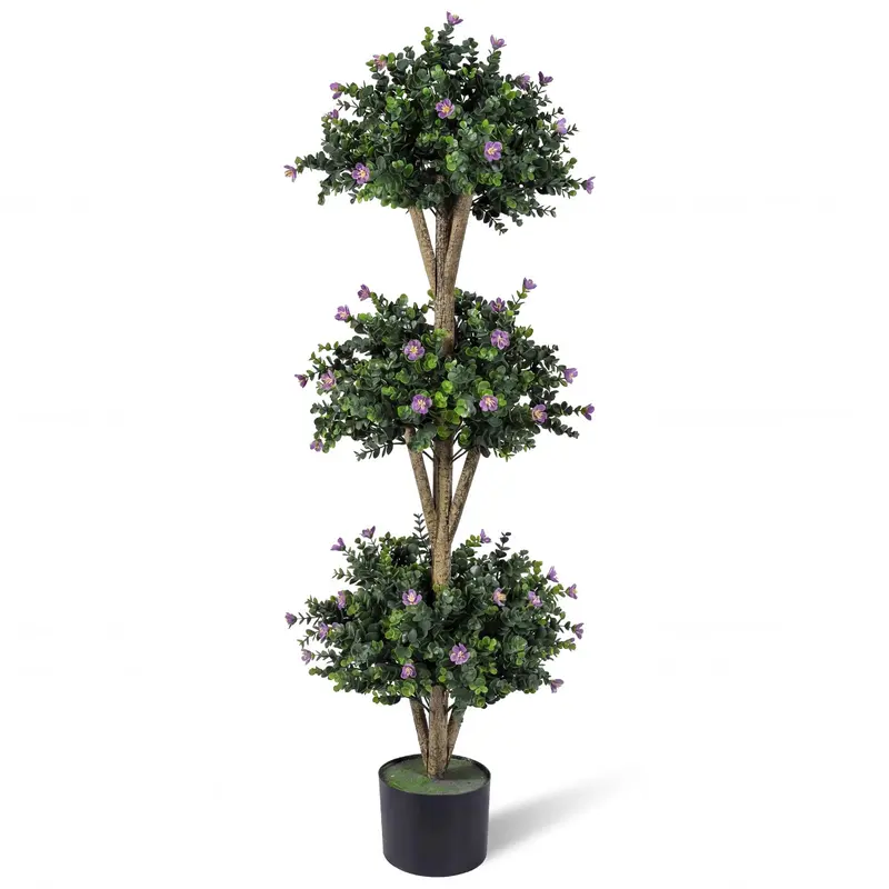 GoPlus-Künstlicher Buchsbaum-Topiary-Baum mit drei Kugeln, 51" Höhe, 59 Blüten und Kunststofftopf mit Zementfüllung