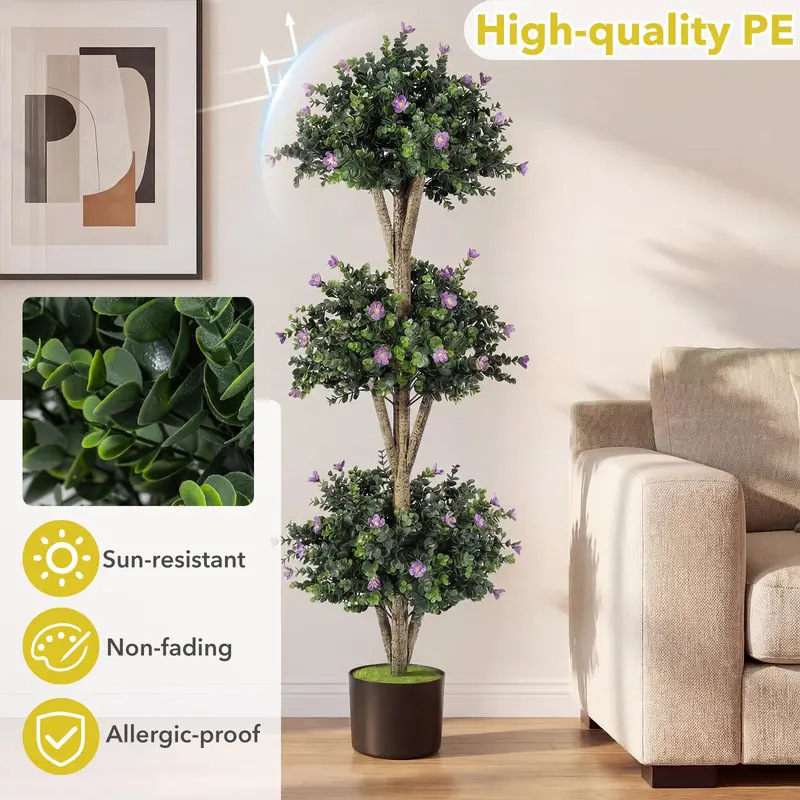 GoPlus-Künstlicher Buchsbaum-Topiary-Baum mit drei Kugeln, 51" Höhe, 59 Blüten und Kunststofftopf mit Zementfüllung