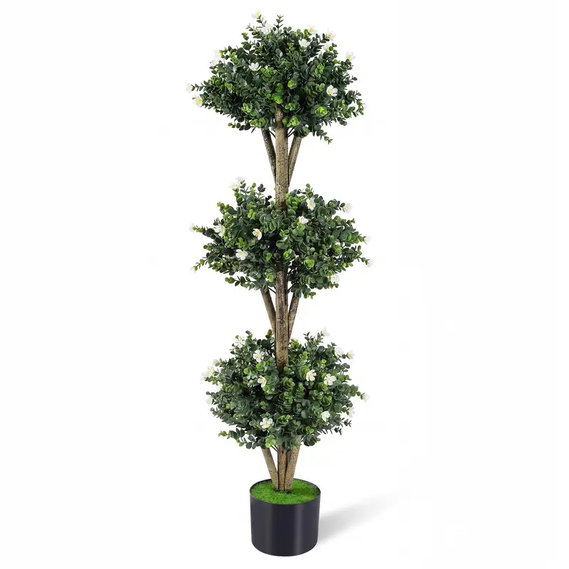 GoPlus-Künstlicher Buchsbaum-Topiary-Baum mit drei Kugeln, 51" Höhe, 59 Blüten und Kunststofftopf mit Zementfüllung