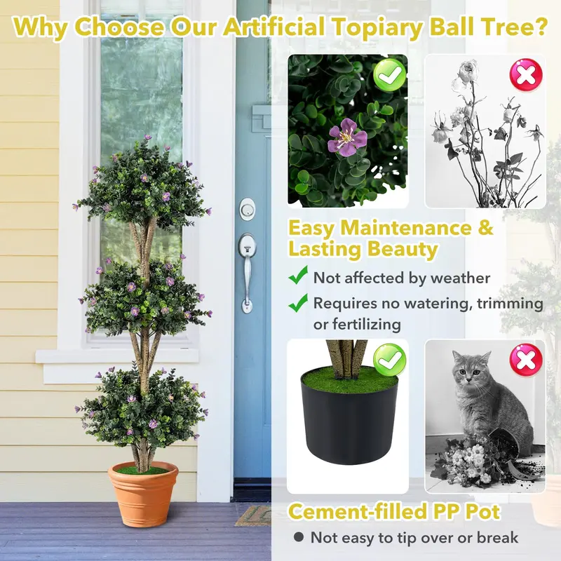 GoPlus-Künstlicher Buchsbaum-Topiary-Baum mit drei Kugeln, 51" Höhe, 59 Blüten und Kunststofftopf mit Zementfüllung