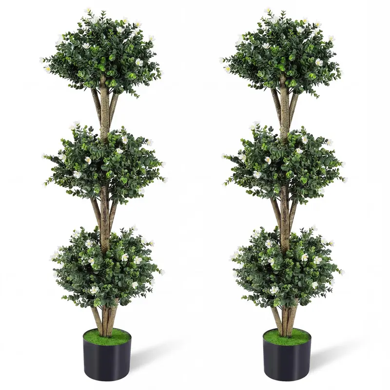 GoPlus-Künstlicher Buchsbaum-Topiary-Baum mit drei Kugeln, 51" Höhe, 59 Blüten und Kunststofftopf mit Zementfüllung