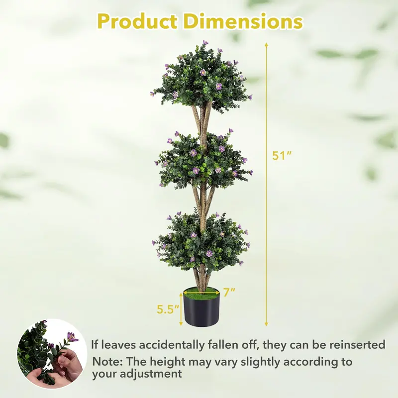GoPlus-Künstlicher Buchsbaum-Topiary-Baum mit drei Kugeln, 51" Höhe, 59 Blüten und Kunststofftopf mit Zementfüllung
