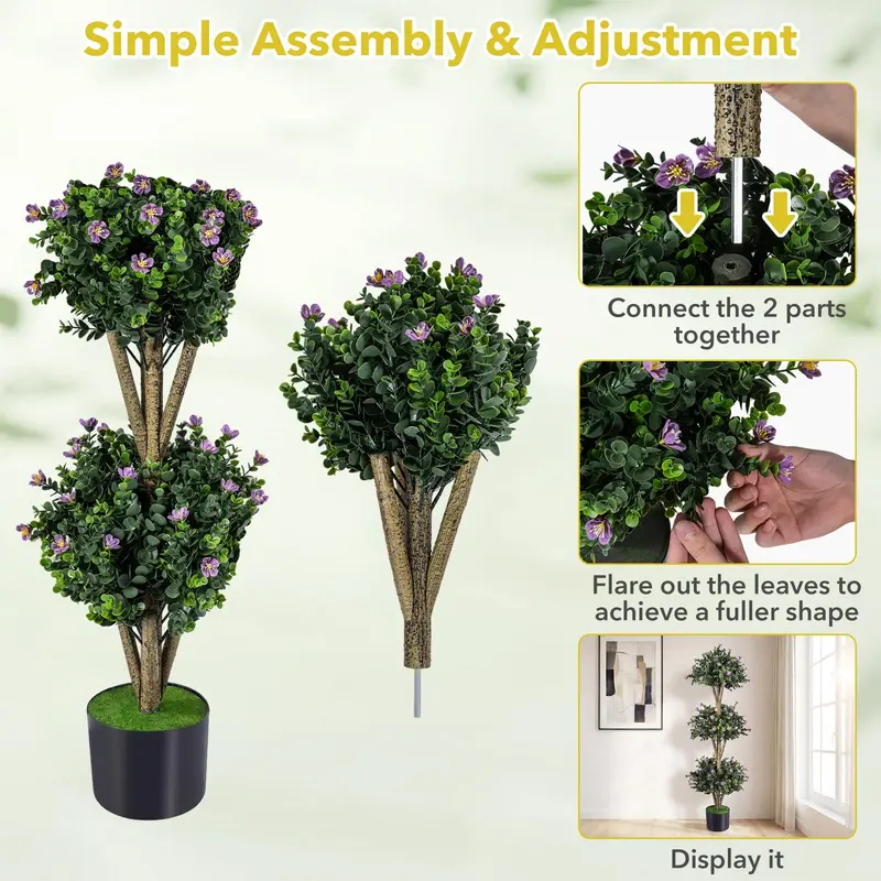 GoPlus-Künstlicher Buchsbaum-Topiary-Baum mit drei Kugeln, 51" Höhe, 59 Blüten und Kunststofftopf mit Zementfüllung