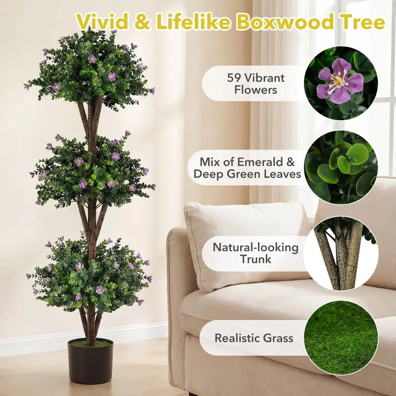 GoPlus-Künstlicher Buchsbaum-Topiary-Baum mit drei Kugeln, 51" Höhe, 59 Blüten und Kunststofftopf mit Zementfüllung