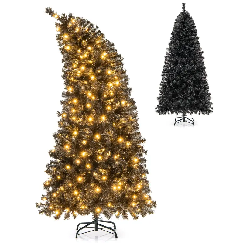 GoPlus-Künstlicher Halloween-Baum, 1,83 m, vorgefertigt mit Beleuchtung, schwarzer Weihnachtsbaum mit biegsarem oberen Abschnitt