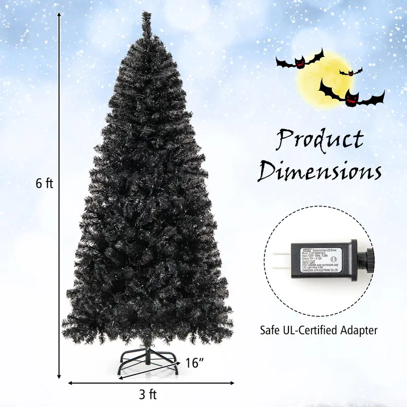 GoPlus-Künstlicher Halloween-Baum, 1,83 m, vorgefertigt mit Beleuchtung, schwarzer Weihnachtsbaum mit biegsarem oberen Abschnitt