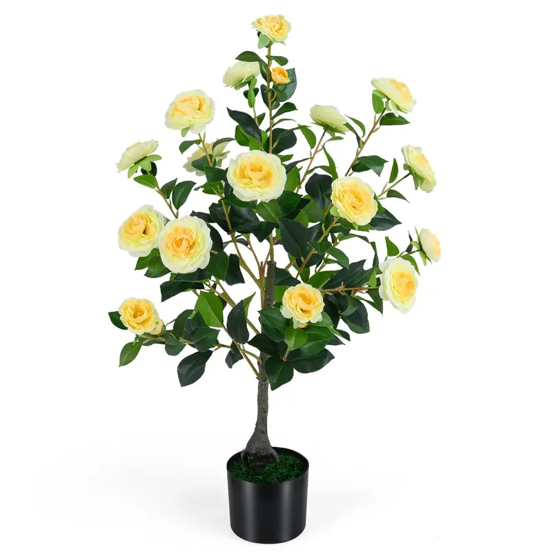 GoPlus-Künstlicher Kamelienbaum mit 90 cm Höhe, gefälschte Blütenpflanze in Zementtopf