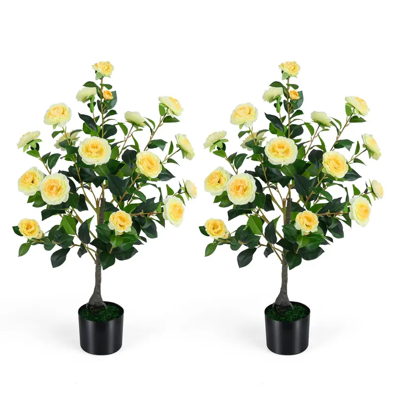 GoPlus-Künstlicher Kamelienbaum mit 90 cm Höhe, gefälschte Blütenpflanze in Zementtopf 2