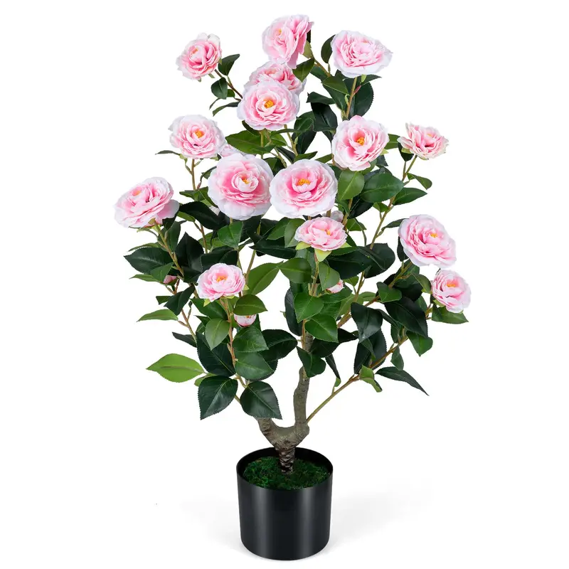 GoPlus-Künstlicher Kamelienbaum mit 90 cm Höhe, gefälschte Blütenpflanze in Zementtopf