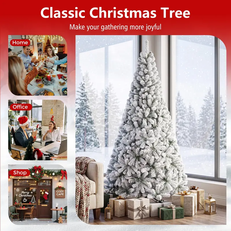 GoPlus-Künstlicher Weihnachtsbaum, 1,83 m / 2,74 m, unbeleuchtet, flockig, mit vollständigen Zweigspitzen und klappbarem Metallständer
