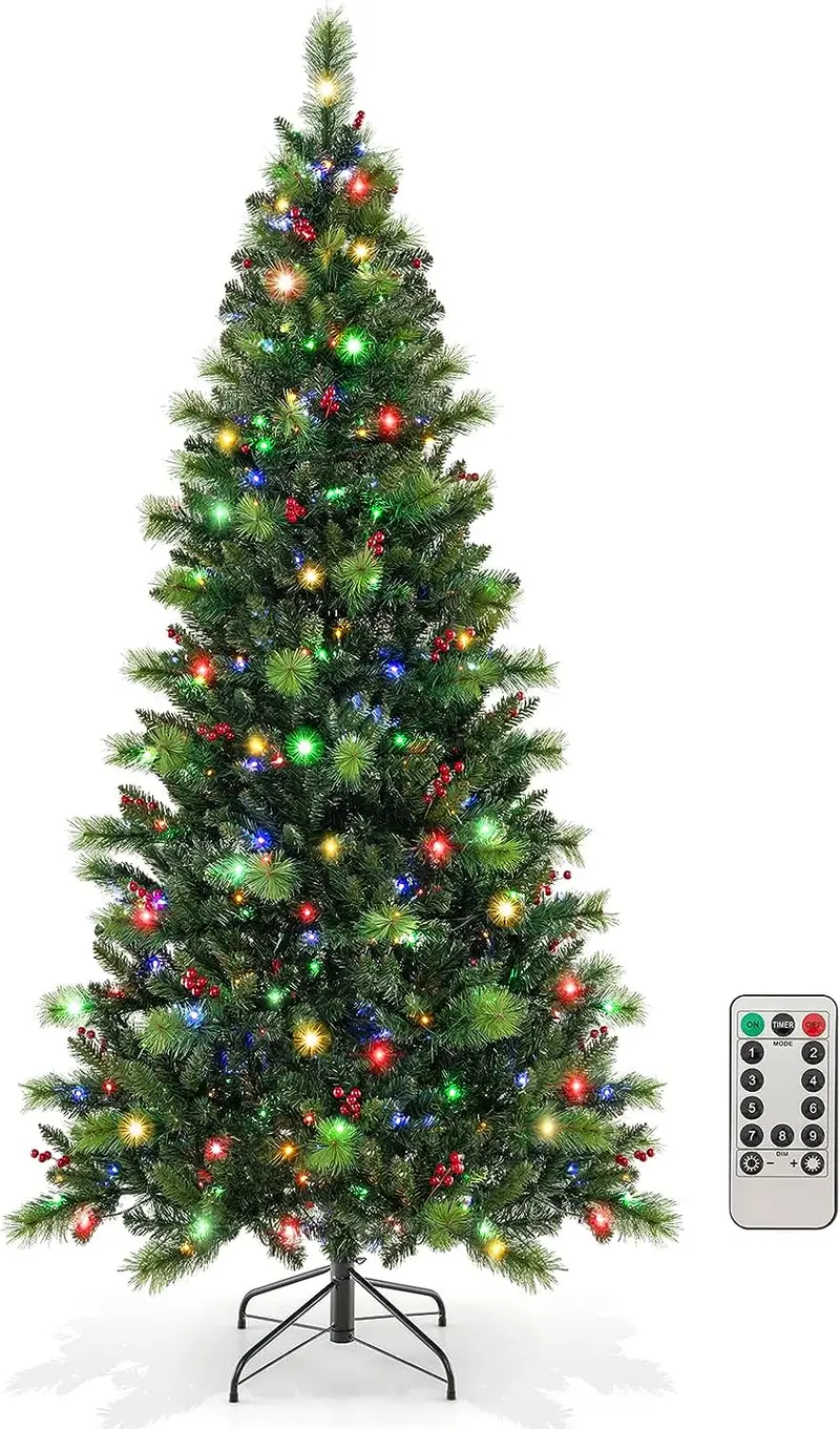 GoPlus-Künstlicher Weihnachtsbaum mit Vorverkabelung, klappbarer Weihnachtsbaum mit 670 PVC- und Kiefernnadeln-Zweigspitzen