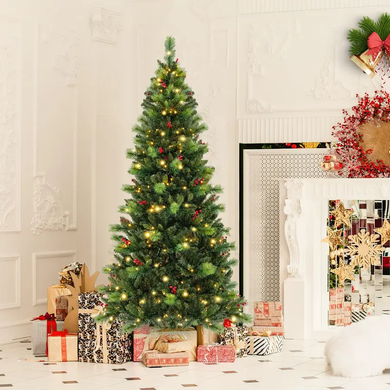 GoPlus-Künstlicher Weihnachtsbaum mit Vorverkabelung, klappbarer Weihnachtsbaum mit 670 PVC- und Kiefernnadeln-Zweigspitzen