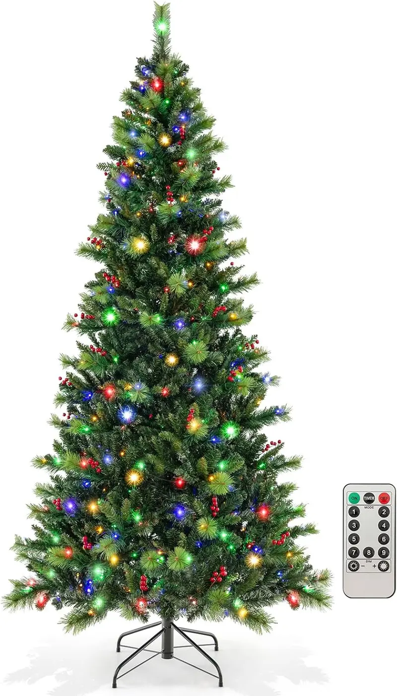 GoPlus-Künstlicher Weihnachtsbaum mit Vorverkabelung, klappbarer Weihnachtsbaum mit 670 PVC- und Kiefernnadeln-Zweigspitzen