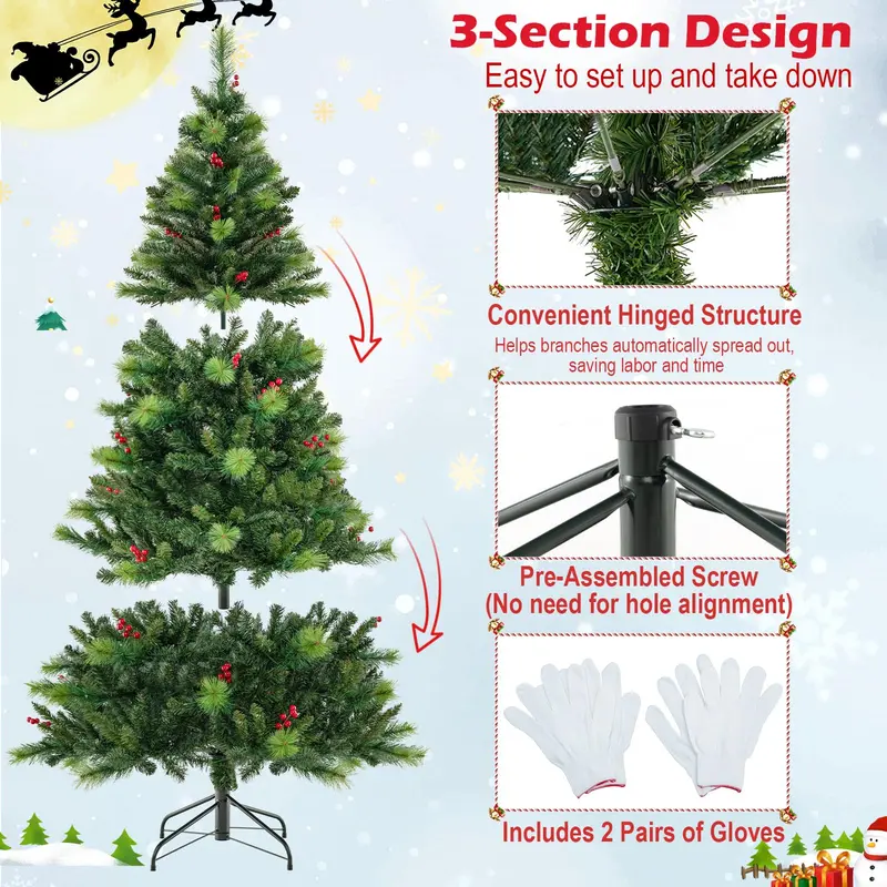 GoPlus-Künstlicher Weihnachtsbaum mit Vorverkabelung, klappbarer Weihnachtsbaum mit 670 PVC- und Kiefernnadeln-Zweigspitzen