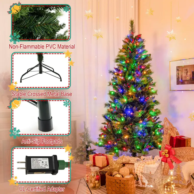 GoPlus-Künstlicher Weihnachtsbaum mit Vorverkabelung, klappbarer Weihnachtsbaum mit 670 PVC- und Kiefernnadeln-Zweigspitzen