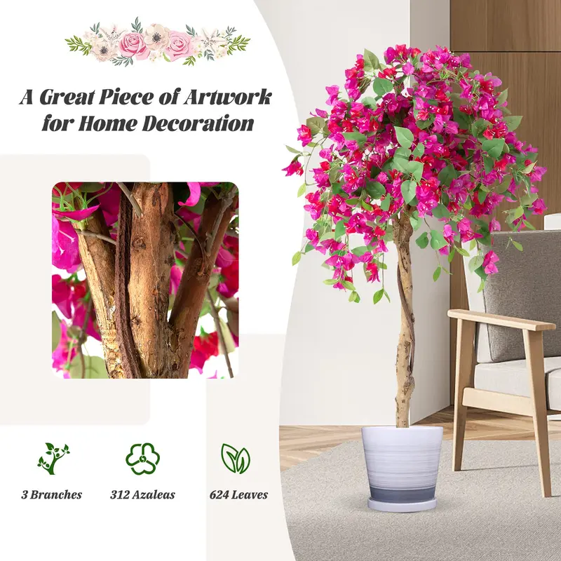 GoPlus Kunst-Bougainvillea-Baum, 1,37 m (4,5 ft), künstliche Topfpflanze mit 312 Blüten