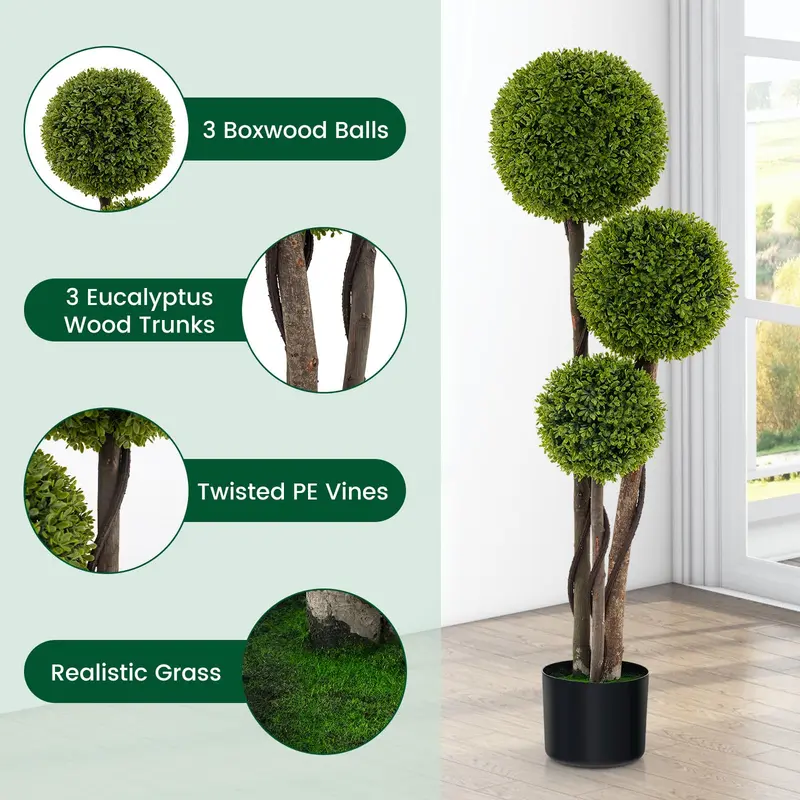 GoPlus Kunst-Boxwood-Topiary-Kugelbaum (120 cm), künstliche Topfpflanze mit Zypressenoptik und gewichtetem Topf – Drei Kugeln