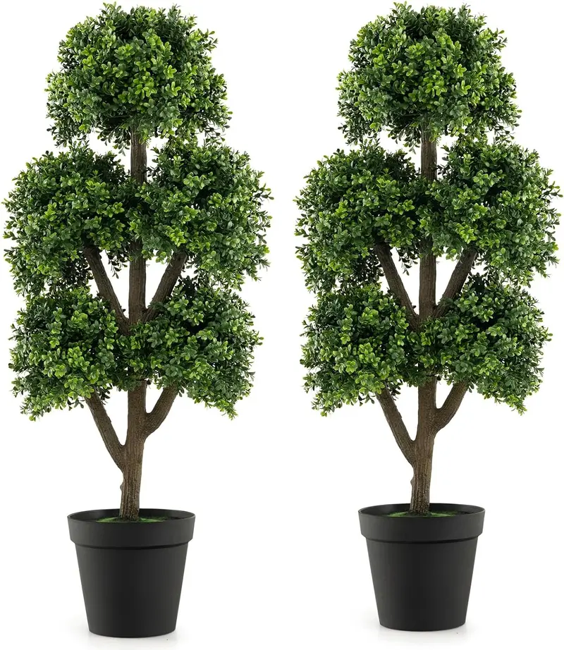 GoPlus Kunst-Buchsbaum-Topiarybaum, 114 cm hoch, künstliche Topfpflanze mit 5 kugelförmigen Topiaries und Zementblumentopf