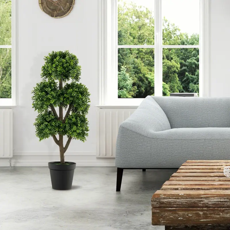 GoPlus Kunst-Buchsbaum-Topiarybaum, 114 cm hoch, künstliche Topfpflanze mit 5 kugelförmigen Topiaries und Zementblumentopf