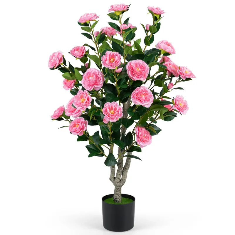 Goplus Kunst-Kamelie-Baum, 100 cm | Kunstblütenbaum mit Blüten in Zementtopf