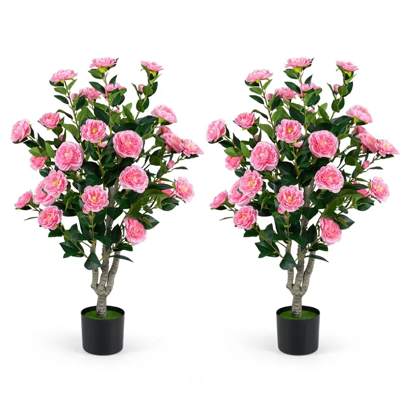 Goplus Kunst-Kamelie-Baum, 100 cm | Kunstblütenbaum mit Blüten in Zementtopf