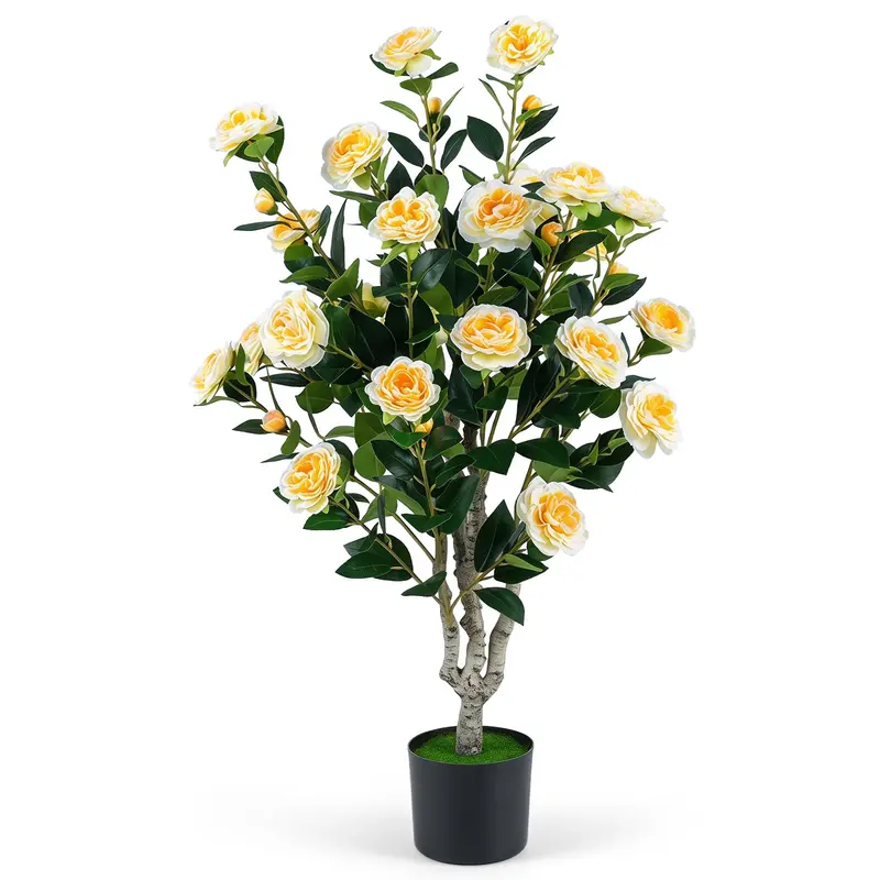 Goplus Kunst-Kamelie-Baum, 100 cm | Kunstblütenbaum mit Blüten in Zementtopf