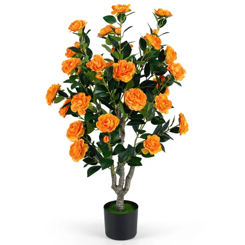 Goplus Kunst-Kamelie-Baum, 100 cm | Kunstblütenbaum mit Blüten in Zementtopf
