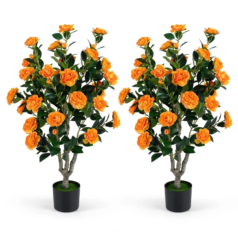 Goplus Kunst-Kamelie-Baum, 100 cm | Kunstblütenbaum mit Blüten in Zementtopf