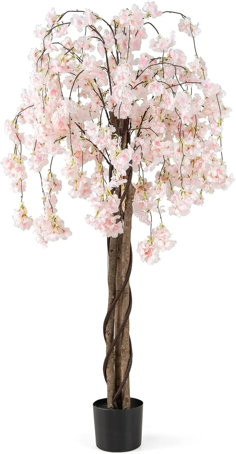 Goplus Kunst-Kirschblütenbaum, 167 cm, künstliche Blütenpflanze mit blühendem Baum in Kindergarten-Topf