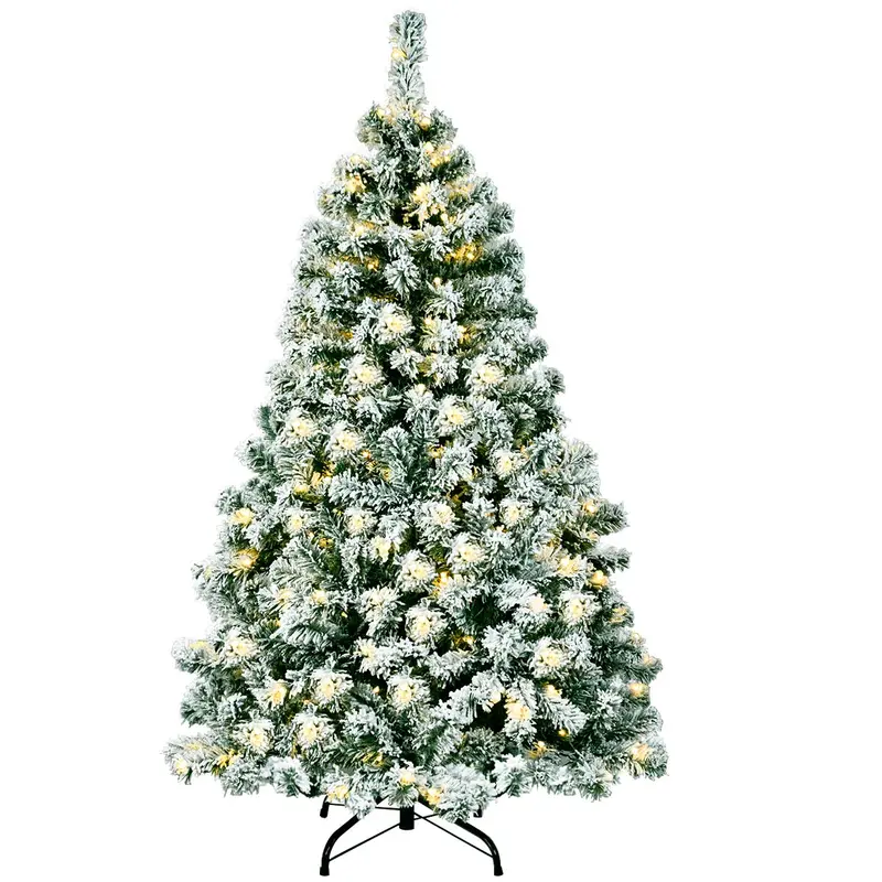 GoPlus Kunst-Weihnachtsbaum mit Schnee-Effekt, 1,37 m / 1,83 m / 2,29 m, vorverkabelt mit warmweißen LED-Leuchten und Metallständer