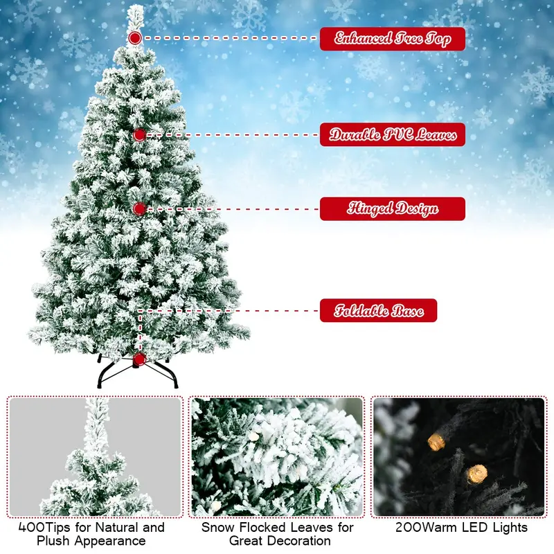 GoPlus Kunst-Weihnachtsbaum mit Schnee-Effekt, 1,37 m / 1,83 m / 2,29 m, vorverkabelt mit warmweißen LED-Leuchten und Metallständer