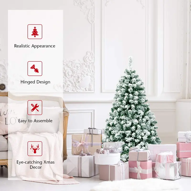 GoPlus Kunst-Weihnachtsbaum mit Schnee-Effekt, 1,37 m / 1,83 m / 2,29 m, vorverkabelt mit warmweißen LED-Leuchten und Metallständer