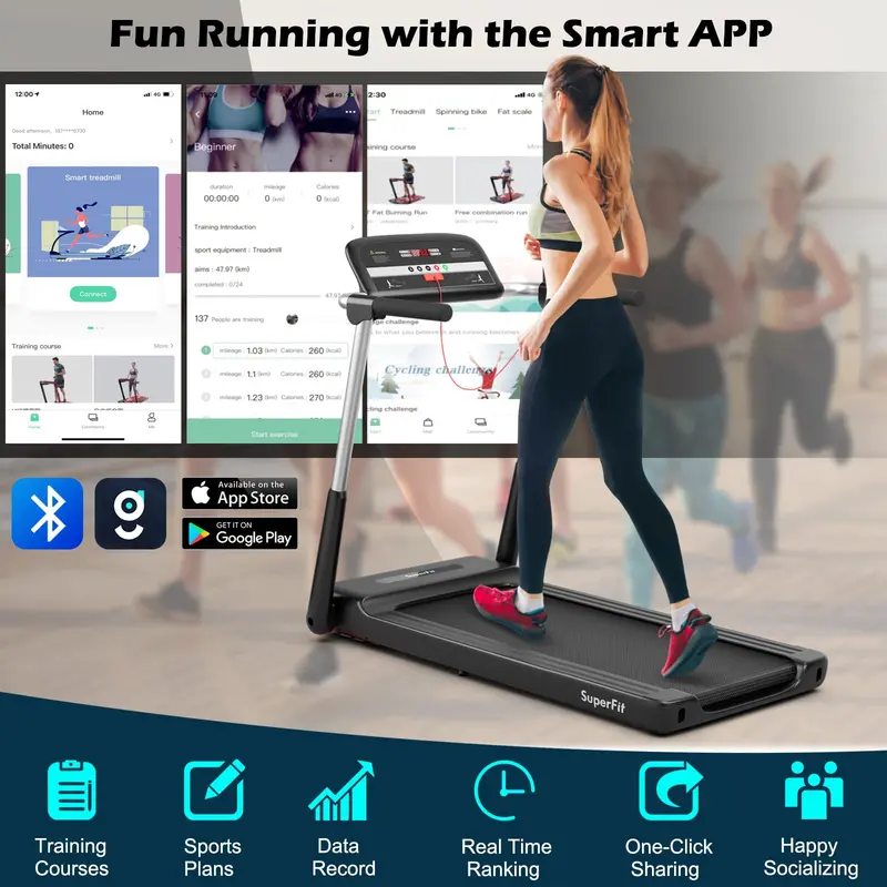 Goplus Laufband mit 2,25 PS und Klappfunktion, kompaktes Superfit-Laufband mit LED-Display und App-Steuerung